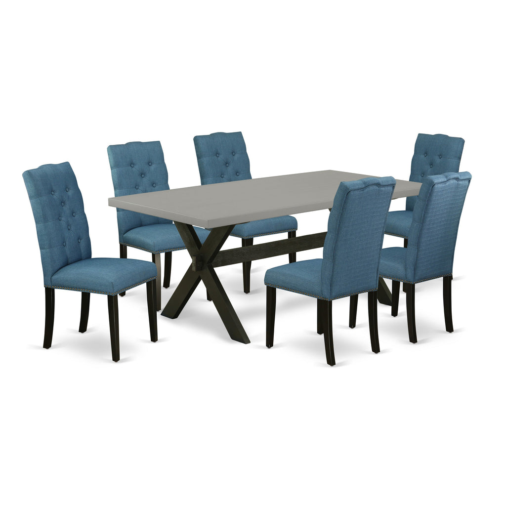 East West Furniture X697EL121-7 7 Piece Dining Table Set Consist of a Rectangle Dining Room Table with X-Legs and 6 Blue Linen Fabric Upholstered Chairs, 40x72 Inch, Multi-Color