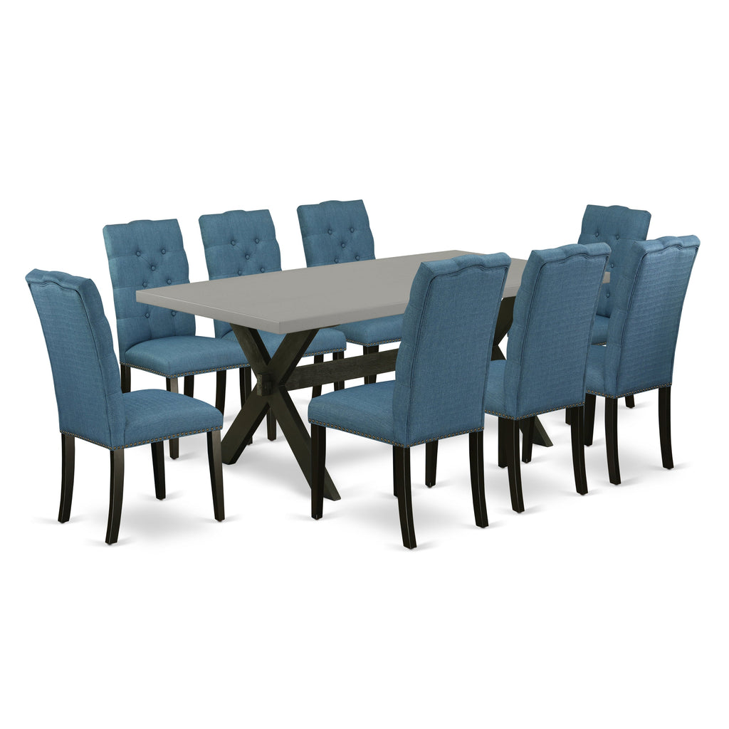 East West Furniture X697EL121-9 9 Piece Dining Room Furniture Set Includes a Rectangle Dining Table with X-Legs and 8 Blue Linen Fabric Upholstered Chairs, 40x72 Inch, Multi-Color