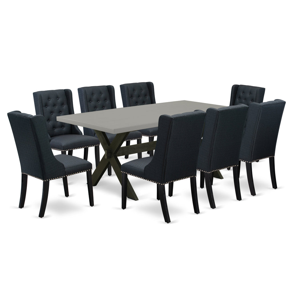 East West Furniture X697FO624-9 9 Piece Modern Dining Table Set Includes a Rectangle Dining Room Table with X-Legs and 8 Black Linen Fabric Upholstered Chairs, 40x72 Inch, Multi-Color