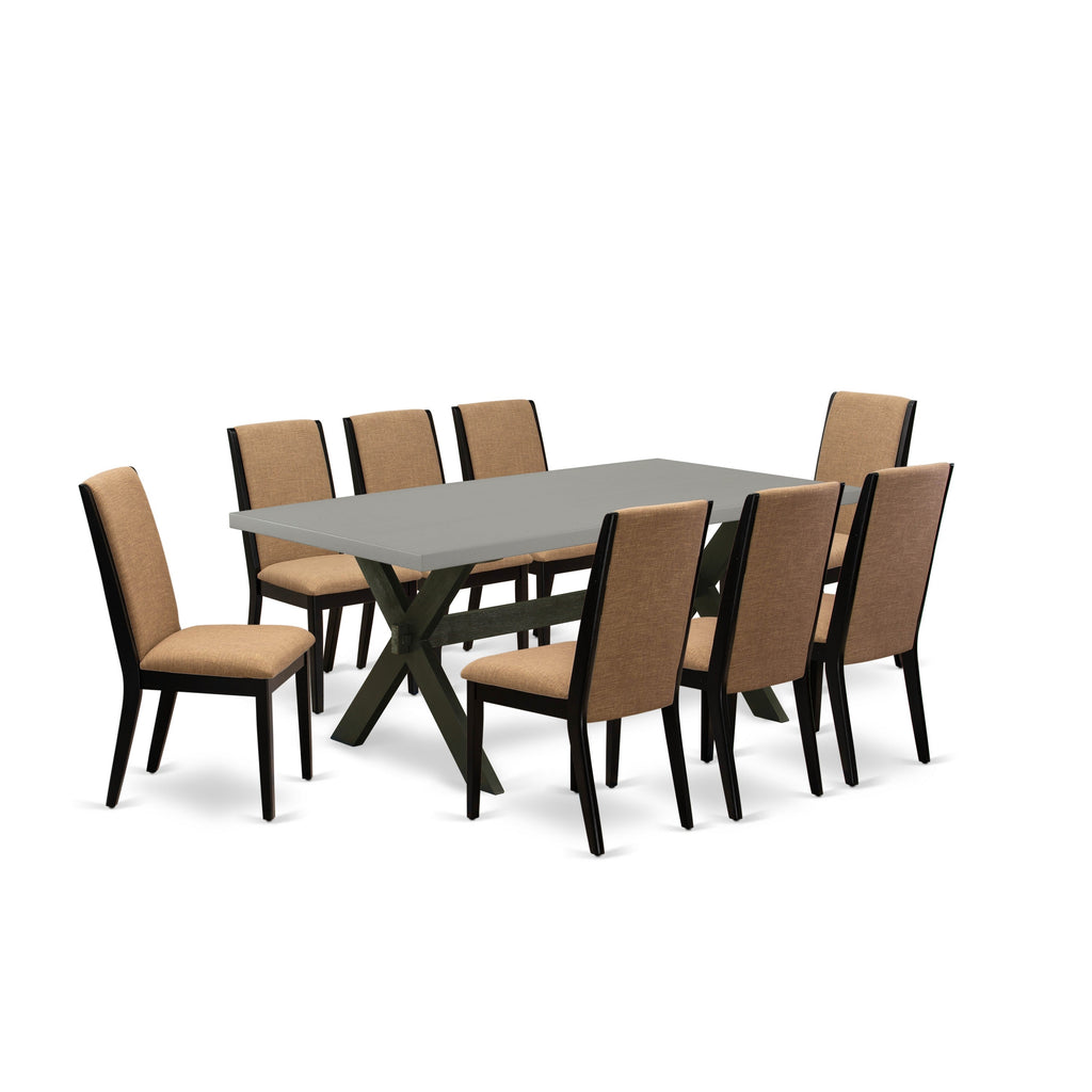 East West Furniture X697LA147-9 9 Piece Dining Set Includes a Rectangle Dining Room Table with X-Legs and 8 Light Sable Linen Fabric Upholstered Chairs, 40x72 Inch, Multi-Color