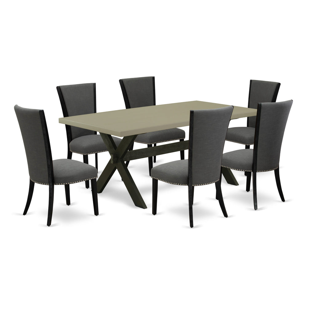 X697VE650-7 7Pc Dining Set - 40x72" Rectangular Table and 6 Parson Chairs - Wirebrushed Black & Cement Color