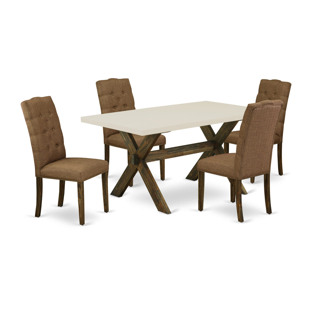East West Furniture X726EL718-5 5 Piece Dining Set Includes a Rectangle Dining Room Table with X-Legs and 4 Brown Linen Linen Fabric Upholstered Chairs, 36x60 Inch, Multi-Color