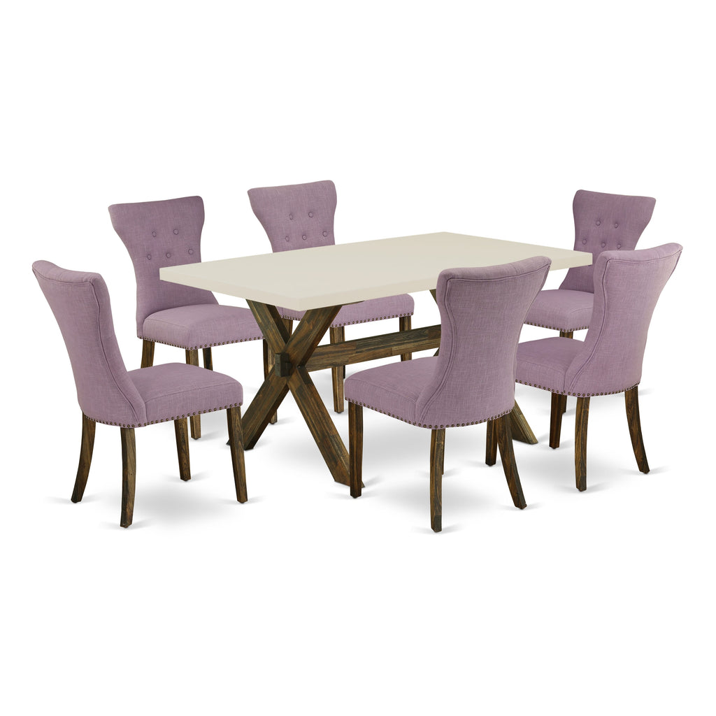 East West Furniture X726GA740-7 7 Piece Dining Table Set Consist of a Rectangle Dining Room Table with X-Legs and 6 Dahlia Linen Fabric Upholstered Chairs, 36x60 Inch, Multi-Color