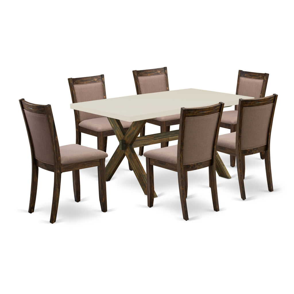 East West Furniture X726MZ748-7 7 Piece Dinette Set Consist of a Rectangle Dining Room Table with X-Legs and 6 Coffee Linen Fabric Parsons Dining Chairs, 36x60 Inch, Multi-Color