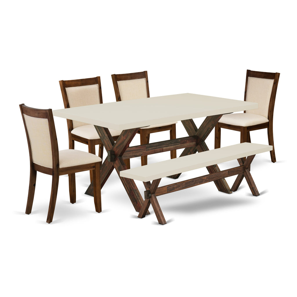 East West Furniture X726MZN32-6 6 Piece Kitchen Table Set Contains a Rectangle Dining Table with X-Legs and 4 Light Beige Linen Fabric Parson Chairs with a Bench, 36x60 Inch, Multi-Color