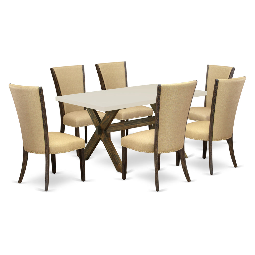 East West Furniture X726VE703-7 7 Piece Kitchen Table Set Consist of a Rectangle Dining Table with X-Legs and 6 Brown Linen Fabric Parsons Dining Chairs, 36x60 Inch, Multi-Color