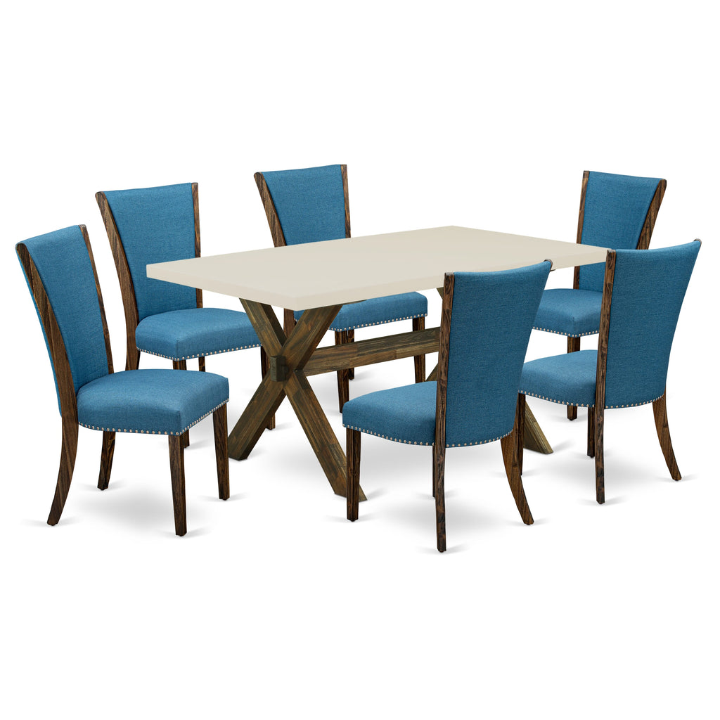 East West Furniture X726VE721-7 7 Piece Dinette Set Consist of a Rectangle Dining Room Table with X-Legs and 6 Blue Color Linen Fabric Parson Dining Chairs, 36x60 Inch, Multi-Color