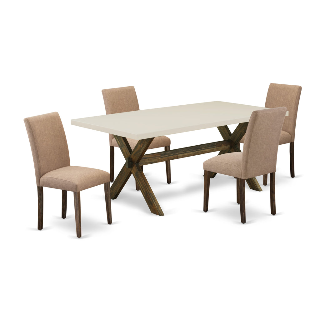 East West Furniture X727AB747-5 5 Piece Dining Set Includes a Rectangle Dining Room Table with X-Legs and 4 Light Sable Linen Fabric Upholstered Parson Chairs, 40x72 Inch, Multi-Color