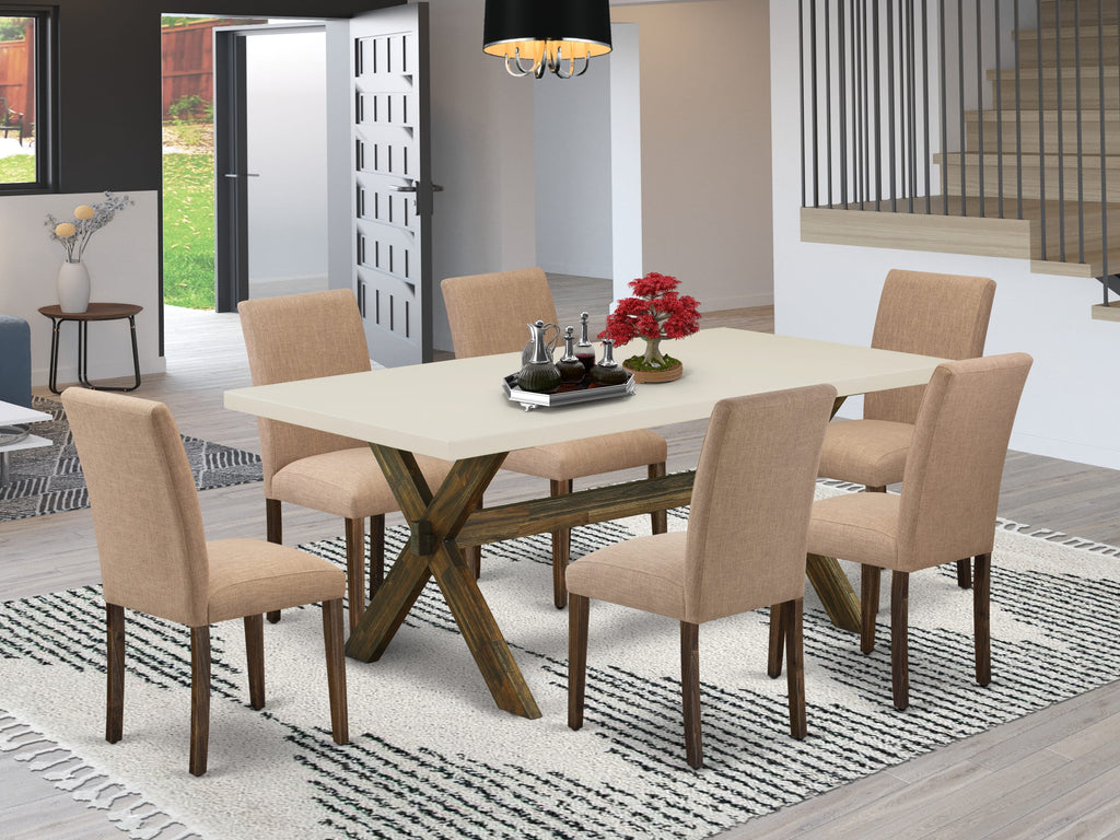 East West Furniture X727AB747-7 7 Piece Dining Room Furniture Set Consist of a Rectangle Dining Table with X-Legs and 6 Light Sable Linen Fabric Parson Chairs, 40x72 Inch, Multi-Color