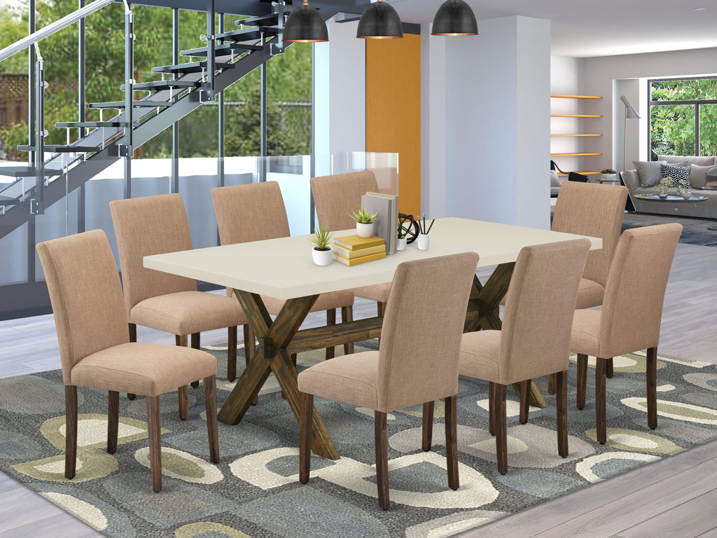 East West Furniture X727AB747-9 9 Piece Dining Set Includes a Rectangle Dining Room Table with X-Legs and 8 Light Sable Linen Fabric Upholstered Parson Chairs, 40x72 Inch, Multi-Color