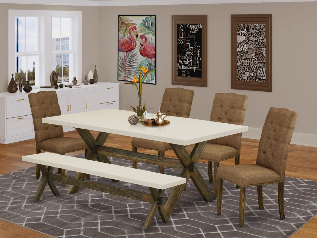 East West Furniture X727EL718-6 6 Piece Dinette Set Contains a Rectangle Dining Table with X-Legs and 4 Brown Linen Linen Fabric Parson Chairs with a Bench, 40x72 Inch, Multi-Color