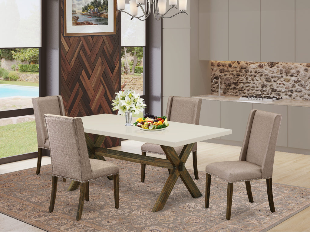 East West Furniture X727FL716-5 5 Piece Dining Set Includes a Rectangle Dining Room Table with X-Legs and 4 Dark Khaki Linen Fabric Upholstered Parson Chairs, 40x72 Inch, Multi-Color