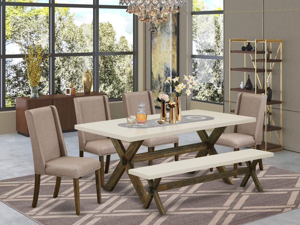 East West Furniture X727FL716-6 6 Piece Dining Set Contains a Rectangle Dining Room Table with X-Legs and 4 Dark Khaki Linen Fabric Parson Chairs with a Bench, 40x72 Inch, Multi-Color