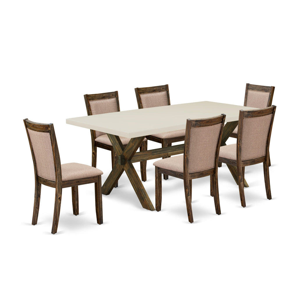 East West Furniture X727MZ716-7 7 Piece Kitchen Table Set Consist of a Rectangle Dining Table with X-Legs and 6 Dark Khaki Linen Fabric Parson Dining Chairs, 40x72 Inch, Multi-Color