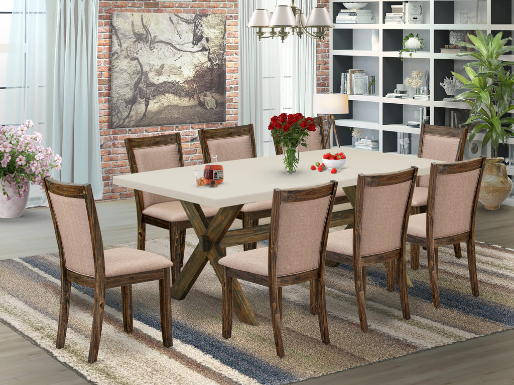 East West Furniture X727MZ716-9 9 Piece Dining Room Table Set Includes a Rectangle Dining Table with X-Legs and 8 Dark Khaki Linen Fabric Upholstered Chairs, 40x72 Inch, Multi-Color