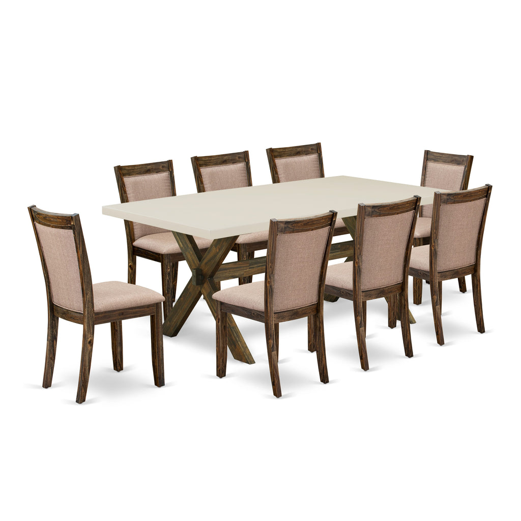 East West Furniture X727MZ716-9 9 Piece Dining Room Table Set Includes a Rectangle Dining Table with X-Legs and 8 Dark Khaki Linen Fabric Upholstered Chairs, 40x72 Inch, Multi-Color