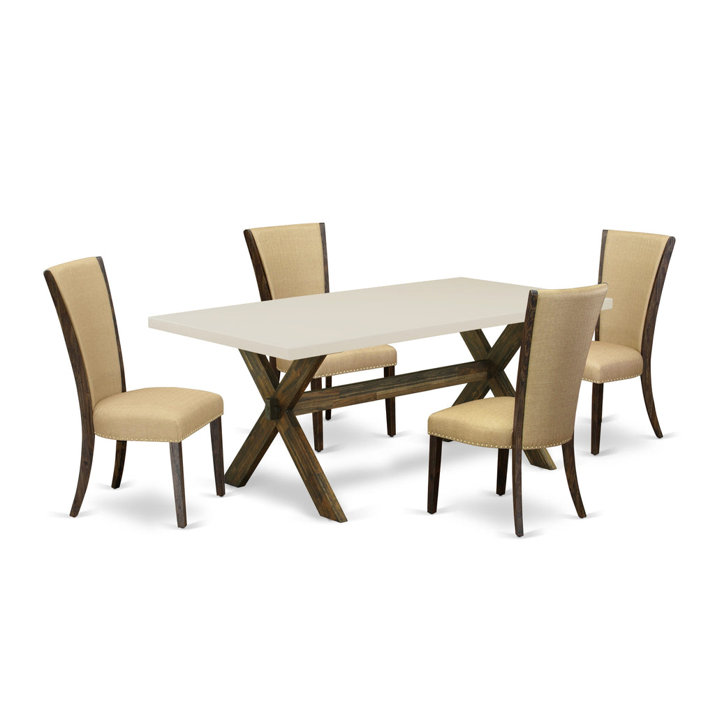 East West Furniture X727VE703-5 5 Piece Dinette Set for 4 Includes a Rectangle Dining Room Table with X-Legs and 4 Brown Linen Fabric Upholstered Parson Chairs, 40x72 Inch, Multi-Color