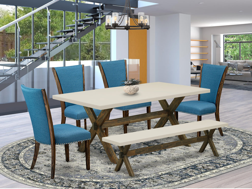 East West Furniture X727VE721-6 6 Piece Dining Table Set Contains a Rectangle Dining Room Table with X-Legs and 4 Blue Color Linen Fabric Parson Chairs with a Bench, 40x72 Inch, Multi-Color