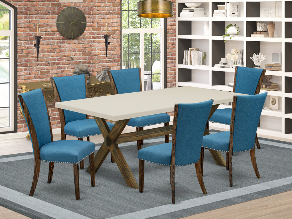 East West Furniture X727VE721-7 7 Piece Dining Room Table Set Consist of a Rectangle Dining Table with X-Legs and 6 Blue Color Linen Fabric Upholstered Chairs, 40x72 Inch, Multi-Color