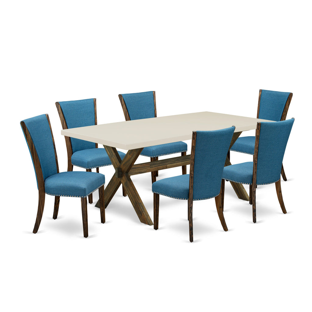 East West Furniture X727VE721-7 7 Piece Dining Room Table Set Consist of a Rectangle Dining Table with X-Legs and 6 Blue Color Linen Fabric Upholstered Chairs, 40x72 Inch, Multi-Color