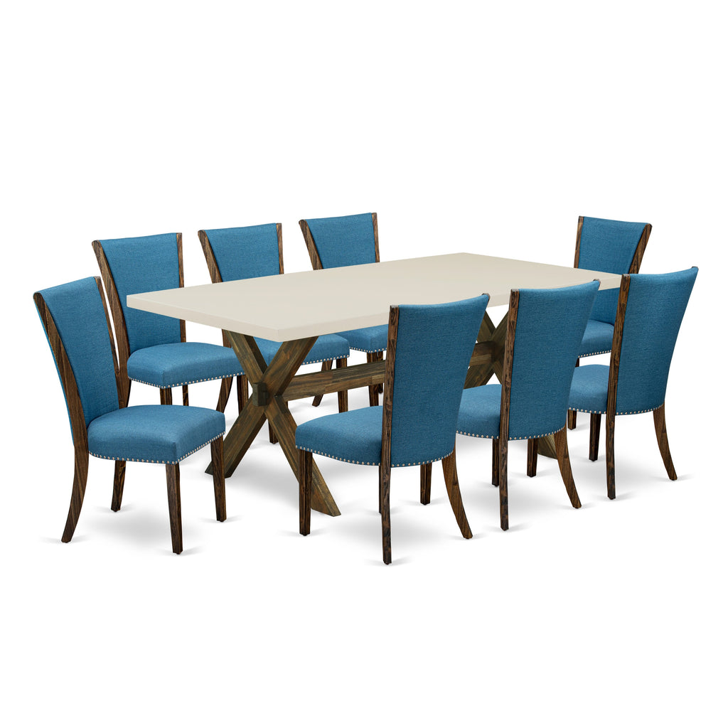 East West Furniture X727VE721-9 9 Piece Kitchen Table Set Includes a Rectangle Dining Table with X-Legs and 8 Blue Color Linen Fabric Parson Dining Chairs, 40x72 Inch, Multi-Color