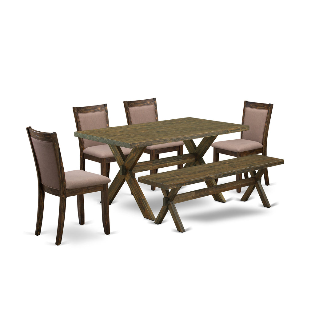 East West Furniture X776MZ748-6 6 Piece Dining Table Set Contains a Rectangle Dining Room Table with X-Legs and 4 Coffee Linen Fabric Parson Chairs with a Bench, 36x60 Inch, Multi-Color