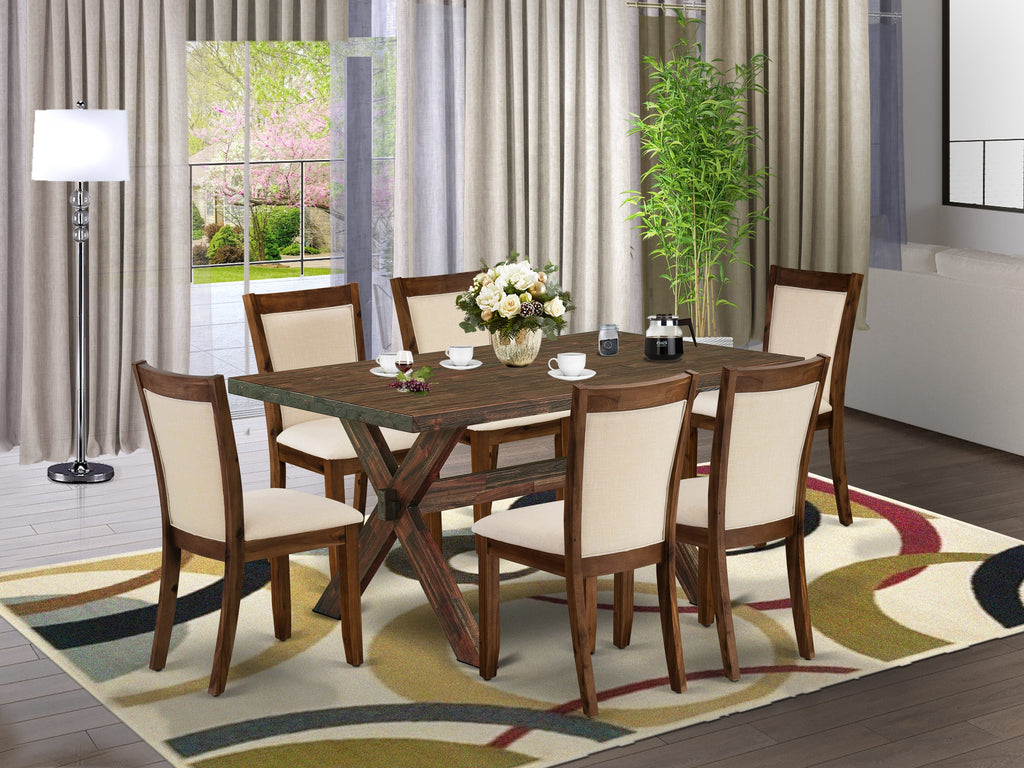 East West Furniture X776MZN32-7 7 Piece Dinette Set Consist of a Rectangle Dining Room Table with X-Legs and 6 Light Beige Linen Fabric Upholstered Parson Chairs, 36x60 Inch, Multi-Color